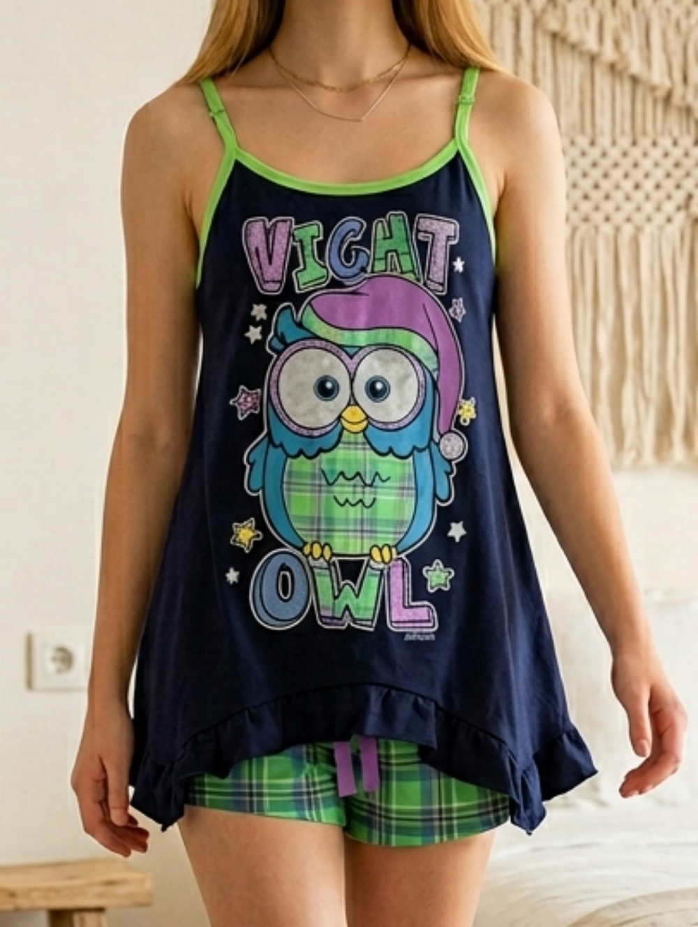 Justice 2pc Night Owl Pajama Set Girls Size 8 Navy Top Neon Green Plaid Short PJ